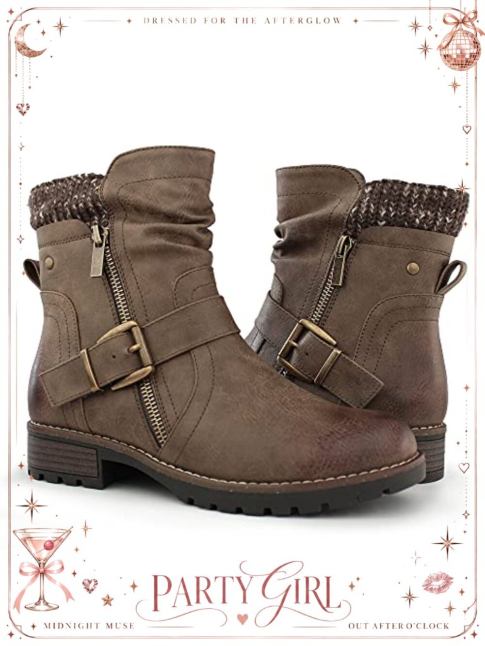 Faux Leather Combat Boots Side Zipper Buckle Ankle Booties